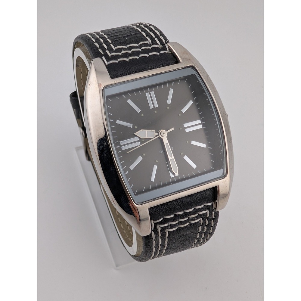 Men's Quartz Watch 37mm Case Black Leather Band- New Battery